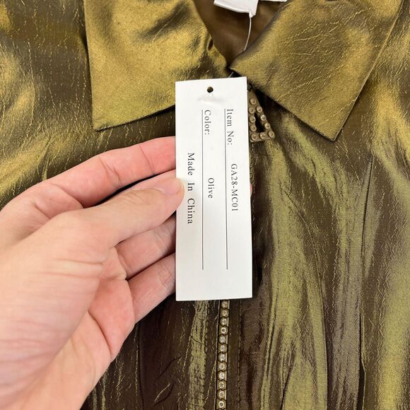 1990s L olive green rhinestone jacket by General Apparel, vintage crinkle jacket - Picture 4 of 8